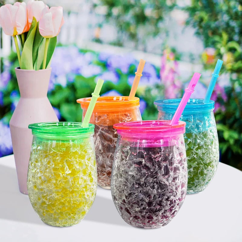 EASICOZI Cute Shape Frosty Freezer Ice Mugs with Straw Clear 11.8oz Set of 4(Red, green, blue and orange) (Oval) - Image 2